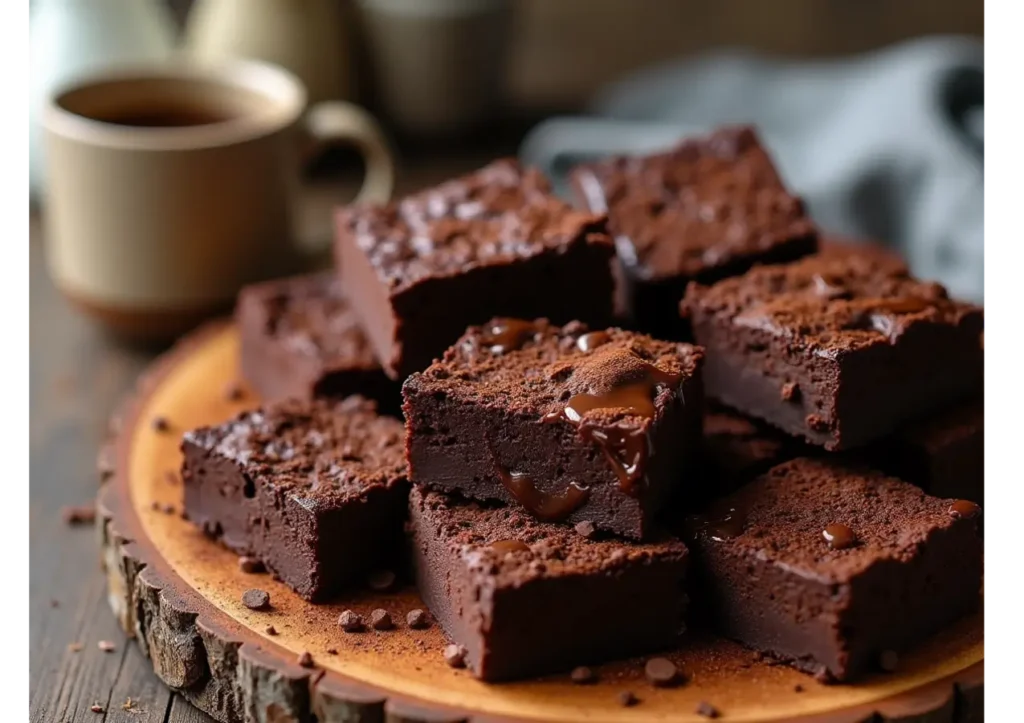 Fudgy protein chocolate brownies with dark chocolate drizzle, arranged on a rustic wooden tray