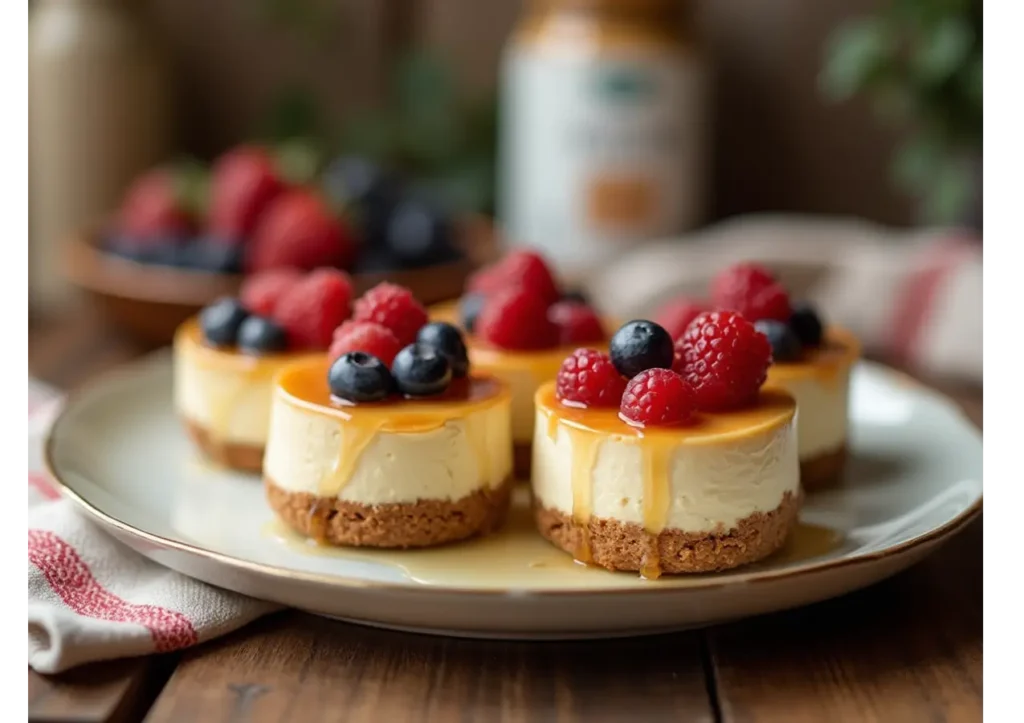 Bite-sized protein cheesecake bites with fresh berries and honey drizzle on a delicate porcelain plate.