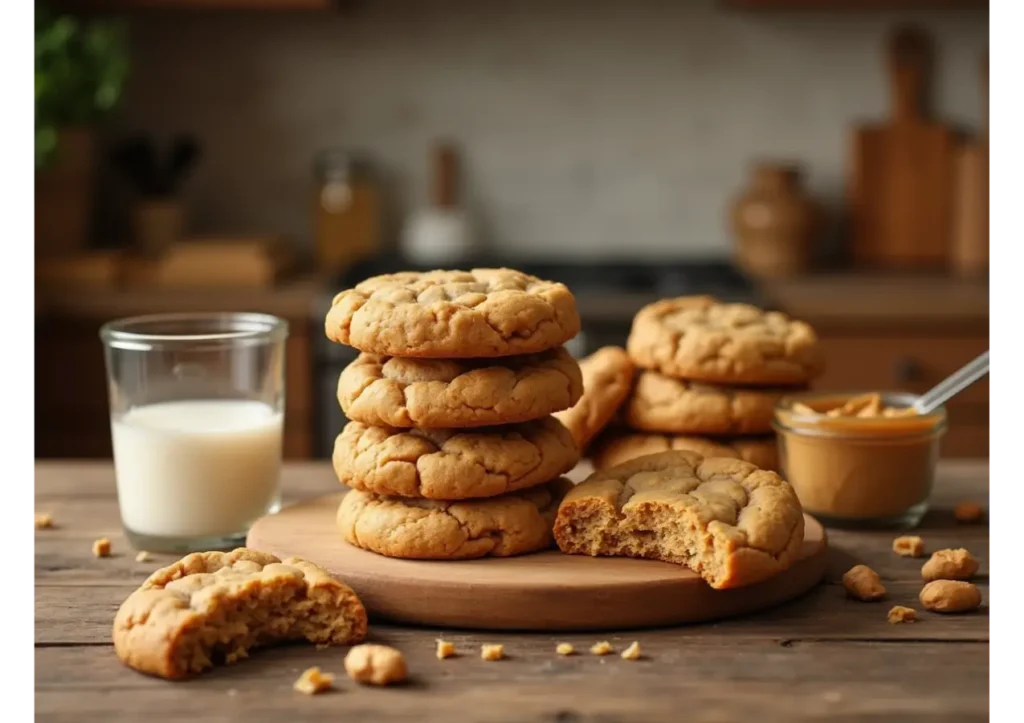 Stack of chewy peanut butter protein cookies with chocolate chips, placed on a rustic wooden table.