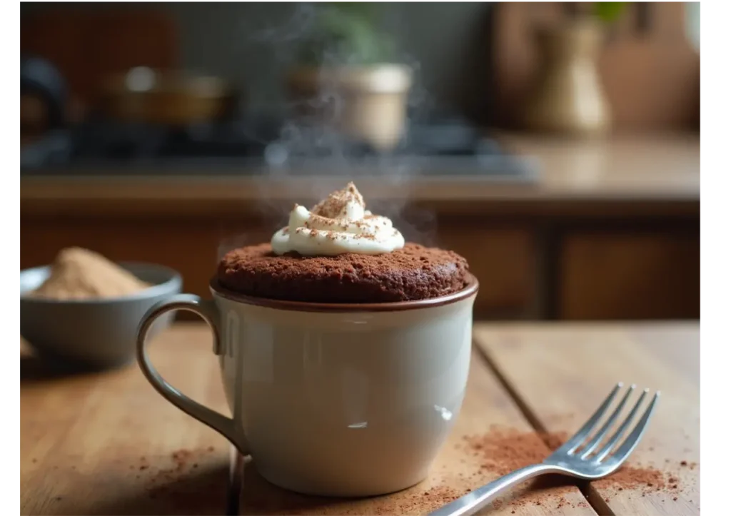 Steaming high-protein chocolate mug cake topped with whipped cream and cocoa powder in a cozy kitchen.