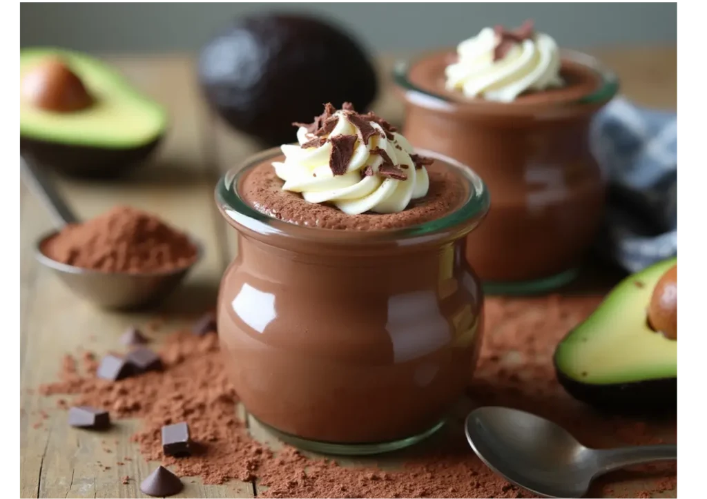 Chocolate avocado protein mousse in a glass jar, topped with whipped cream and dark chocolate shavings on a wooden countertop.